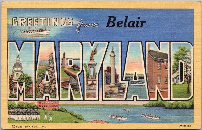 Vintage 1939 BELAIR, MARYLAND Large Letter Postcard Curteich Linen / Unused