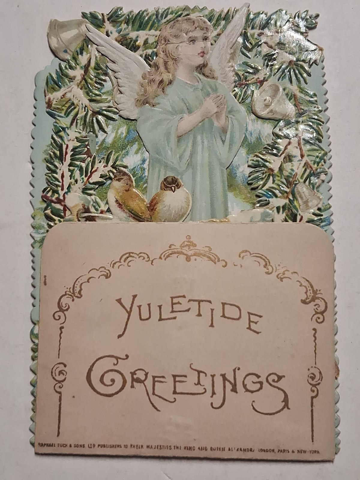 1880s-90s RAPHAEL TUCK Sons ANGEL FOLDOUT Embossed Christmas Praying BIRDS 3x5 1880s-90s RAPHAEL TUCK Sons ANGEL FOLDOUT Embossed Christmas Praying BIRDS 3x5