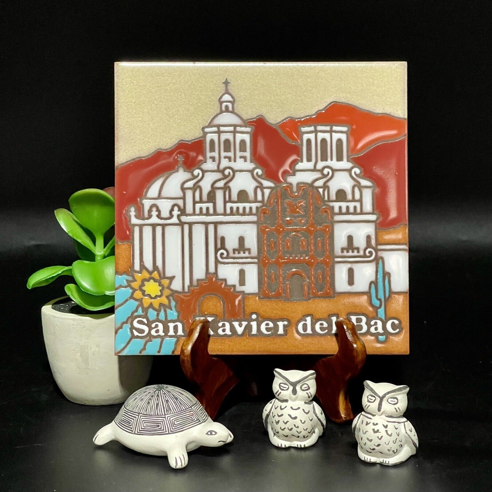 Acoma Pueblo Signed Miniature Turtle & Owls + Art Tile Southwest LOT OF 4