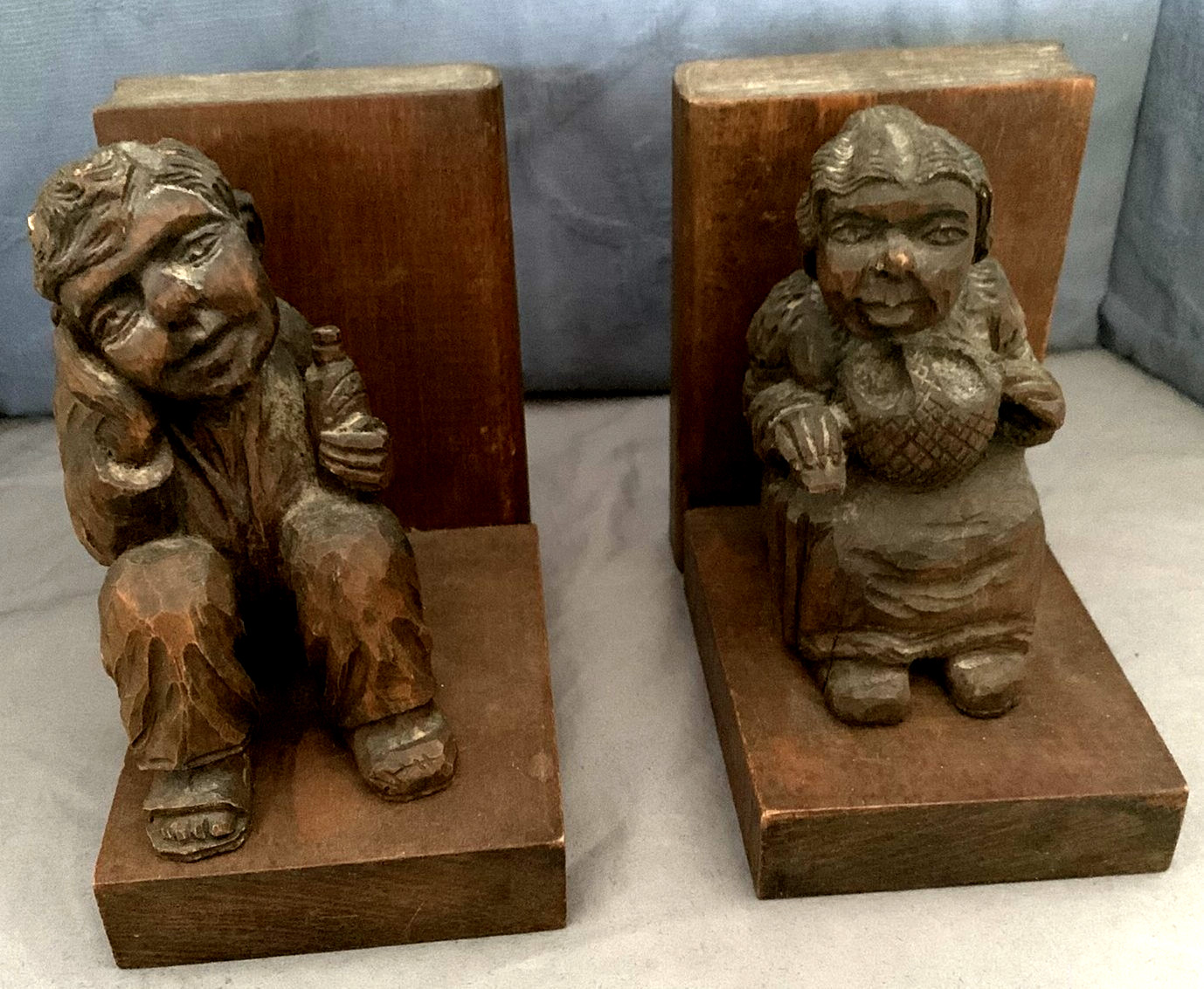 Great Set Vintage Hand Carved Figural Man & Woman Wooden Bookends Great Set Vintage Hand Carved Figural Man & Woman Wooden Bookends