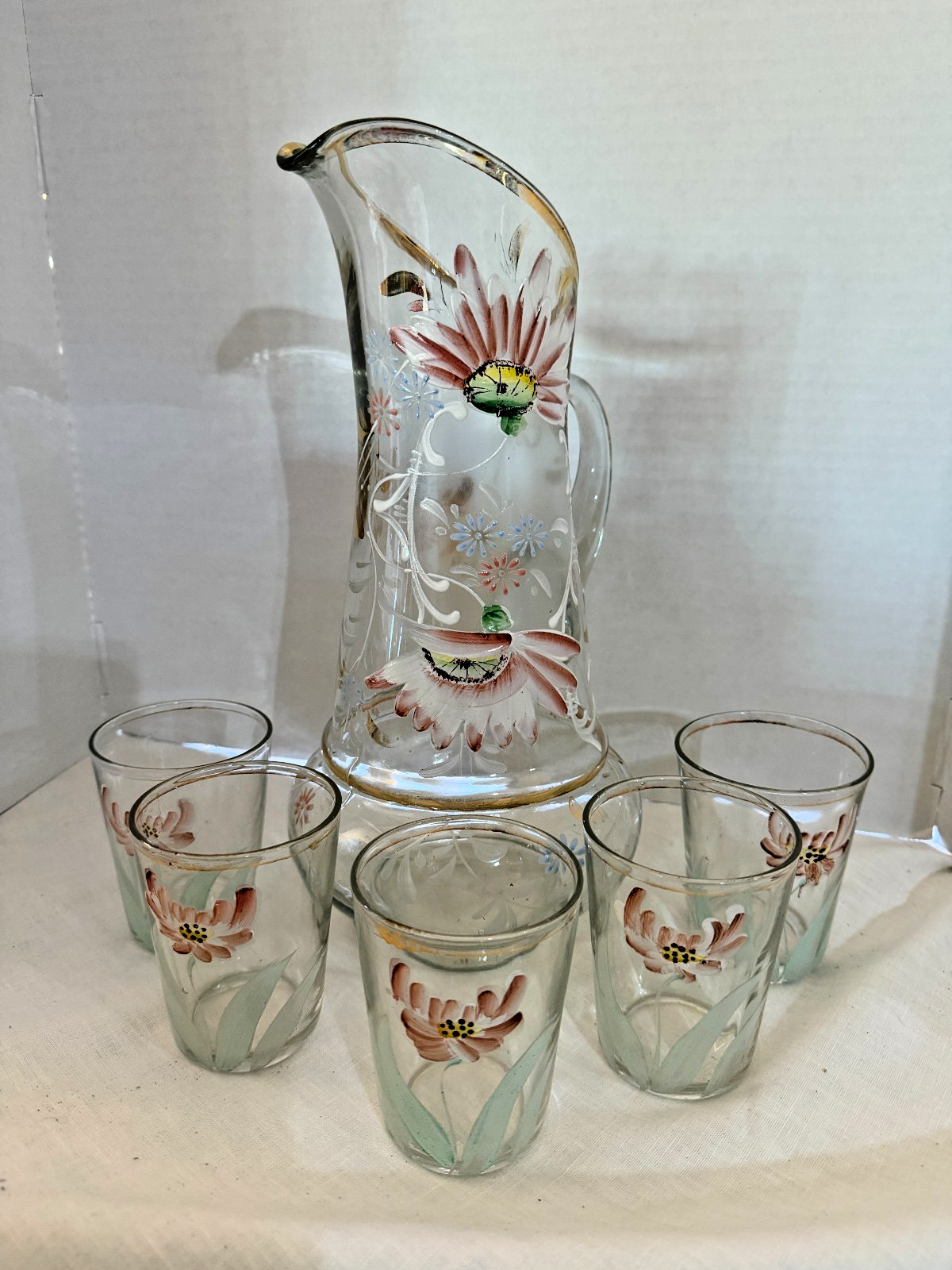 Antique 19th Century Enamel Painted Victorian Art Glass Pitcher/Tumblers 14" Antique 19th Century Enamel Painted Victorian Art Glass Pitcher/Tumblers 14"