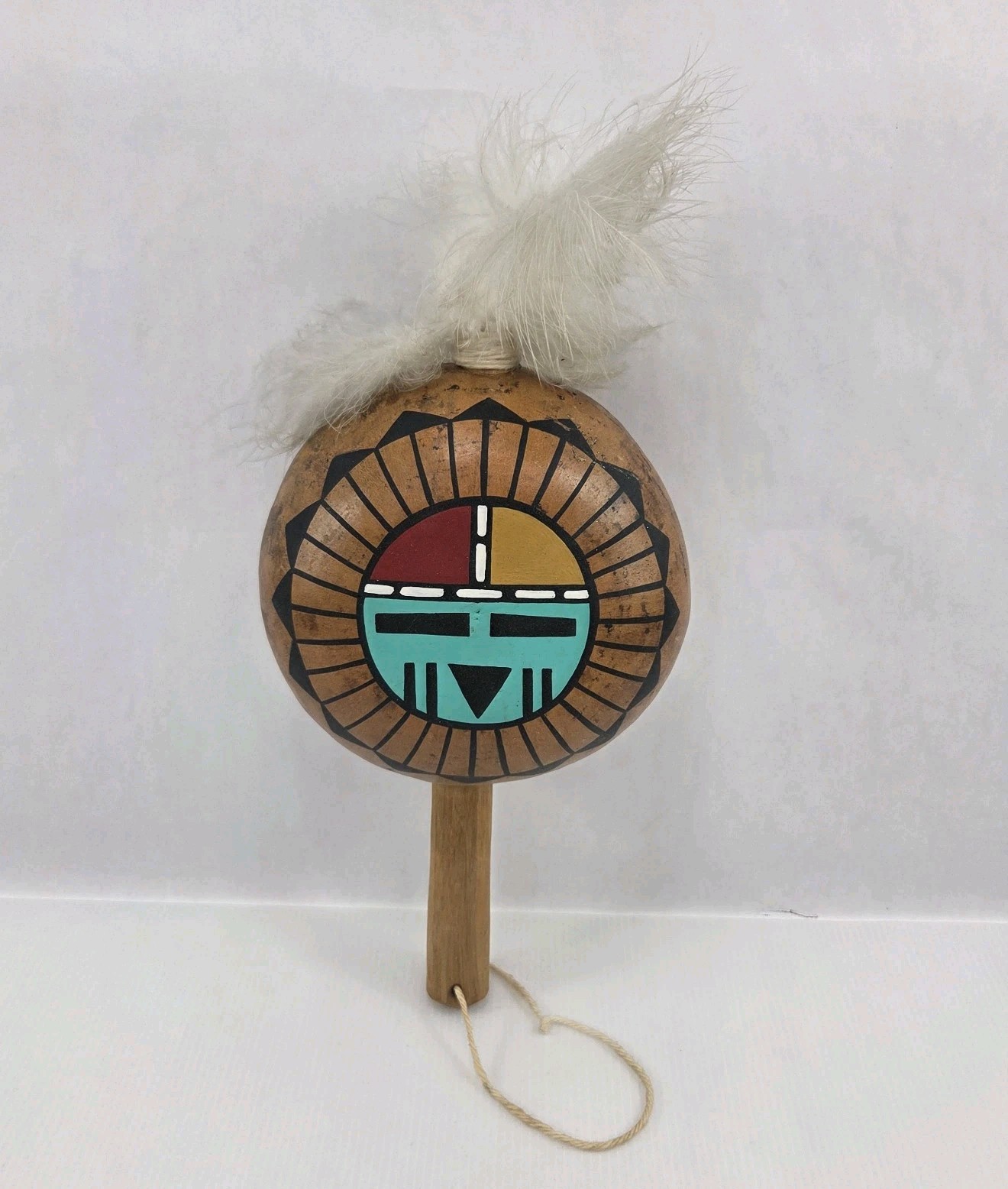 Antique Hand Painted Native American Hopi Shaman Dance Rattle w Feathers