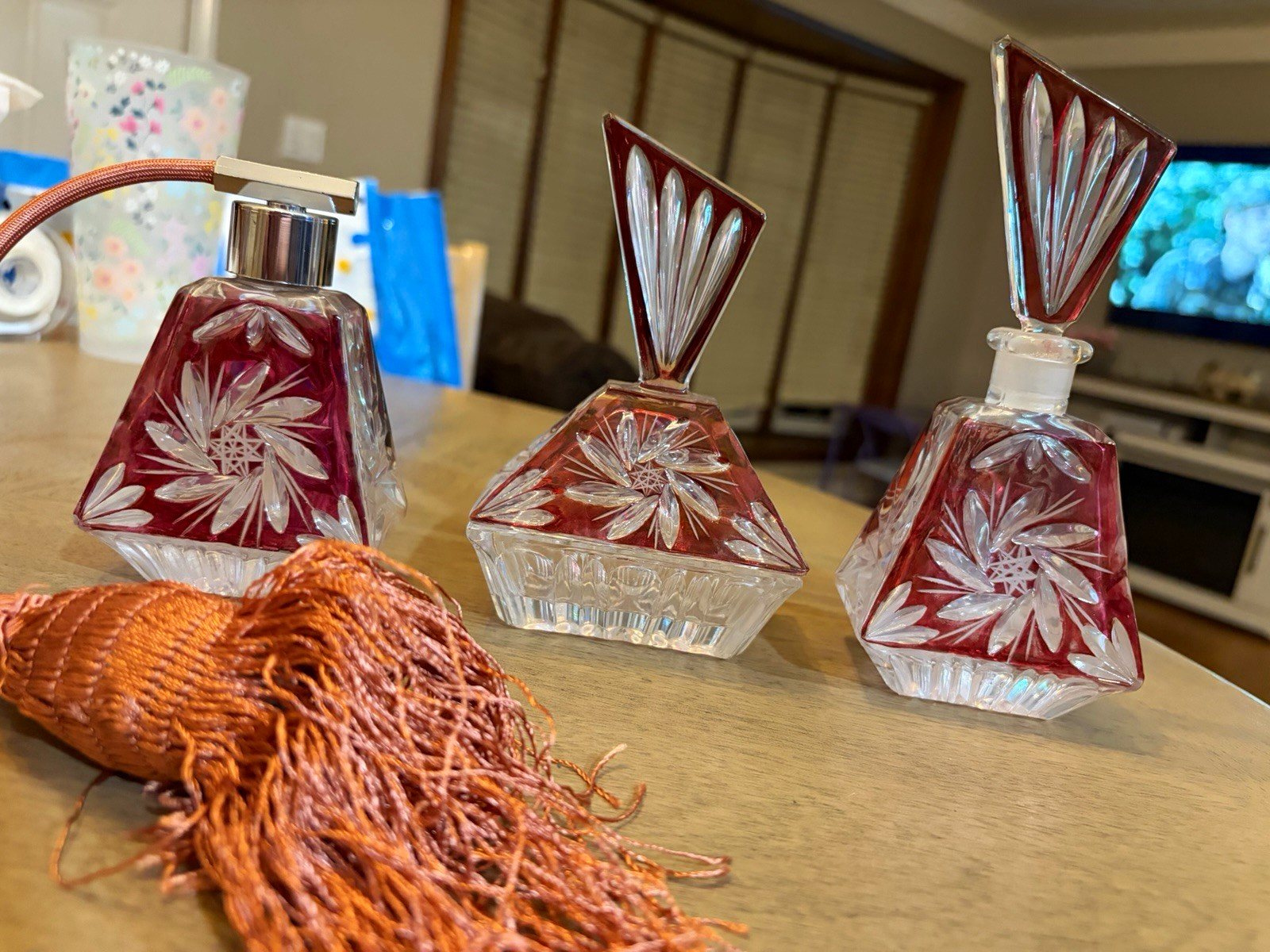 Vintage Ruby Red Cut to Clear Crystal 3-Piece Vanity Perfume Set -West German B Vintage Ruby Red Cut to Clear Crystal 3-Piece Vanity Perfume Set -West German B