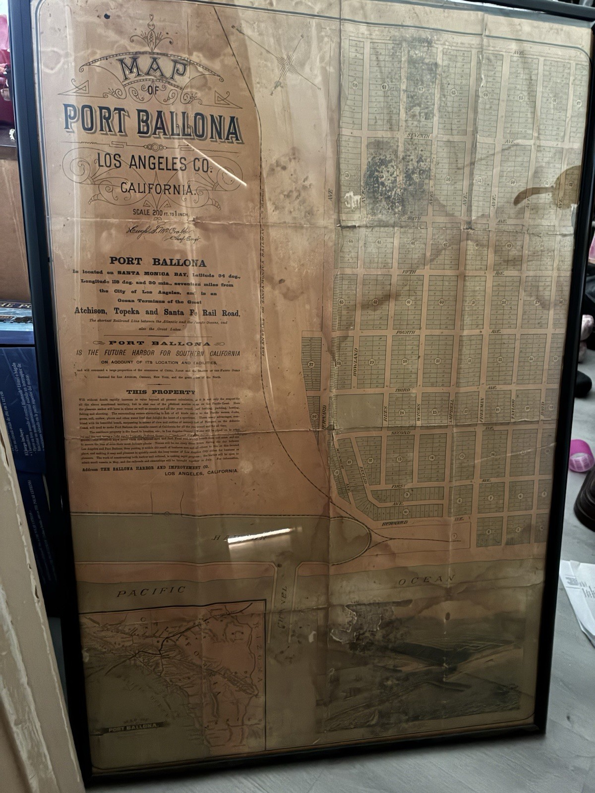 1887 Port Ballona Los Angeles California Antique Map Harbor Railroad Lithograph
