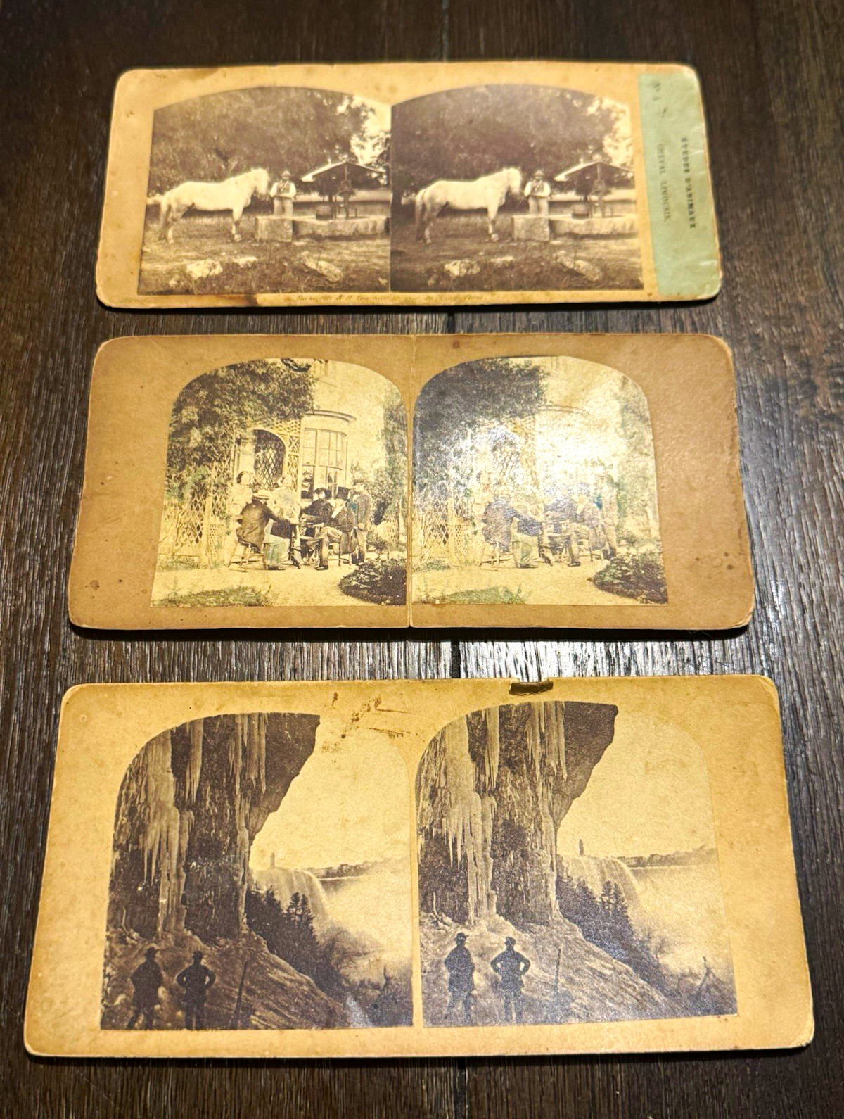 Vintage Lot of 3 Sepia Cardboard Stereoview Cards Animals Horse People Waterfall