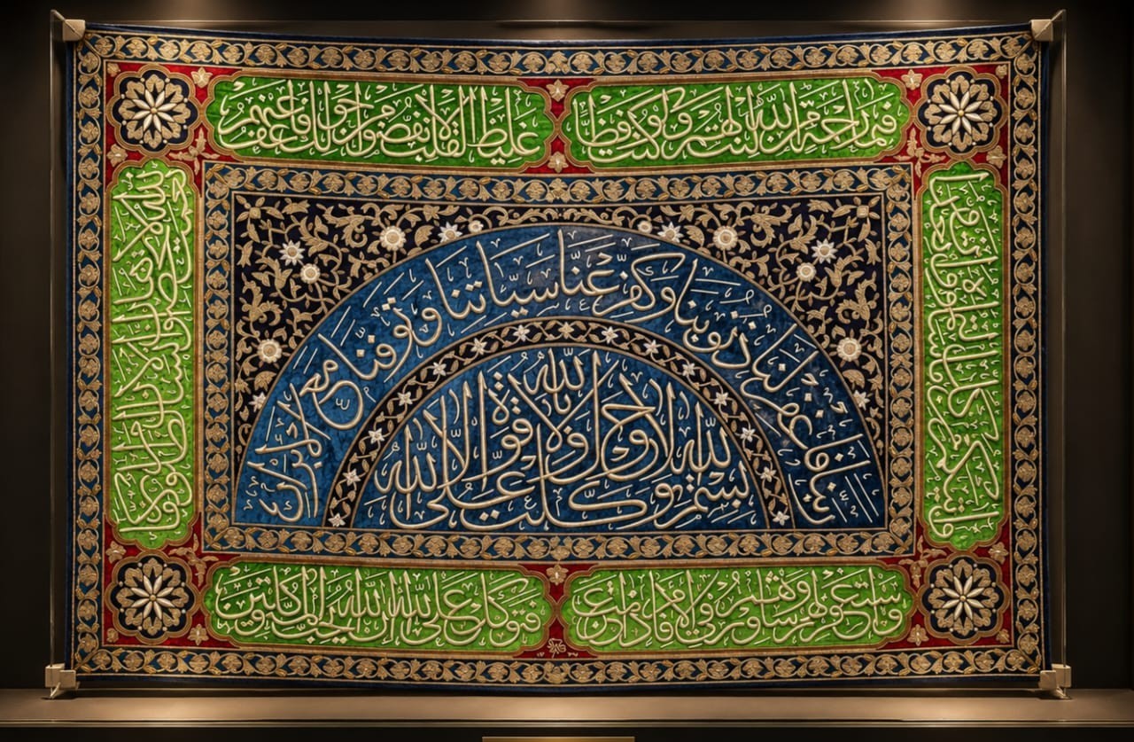Big Size Ottoman Islamic Hand embroidered textile panel inscribed Quran verses Big Size Ottoman Islamic Hand embroidered textile panel inscribed Quran verses