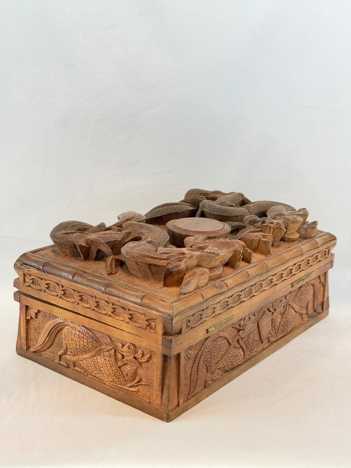 Vintage Hand Carved Highly Detailed Wooden Box / Asain Style / Dragons 
