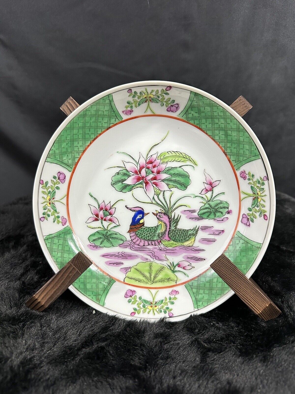 Vintage Handpainted Porcelain Dish Crocus & Brids Signed ACF Hong Kong  8”D
