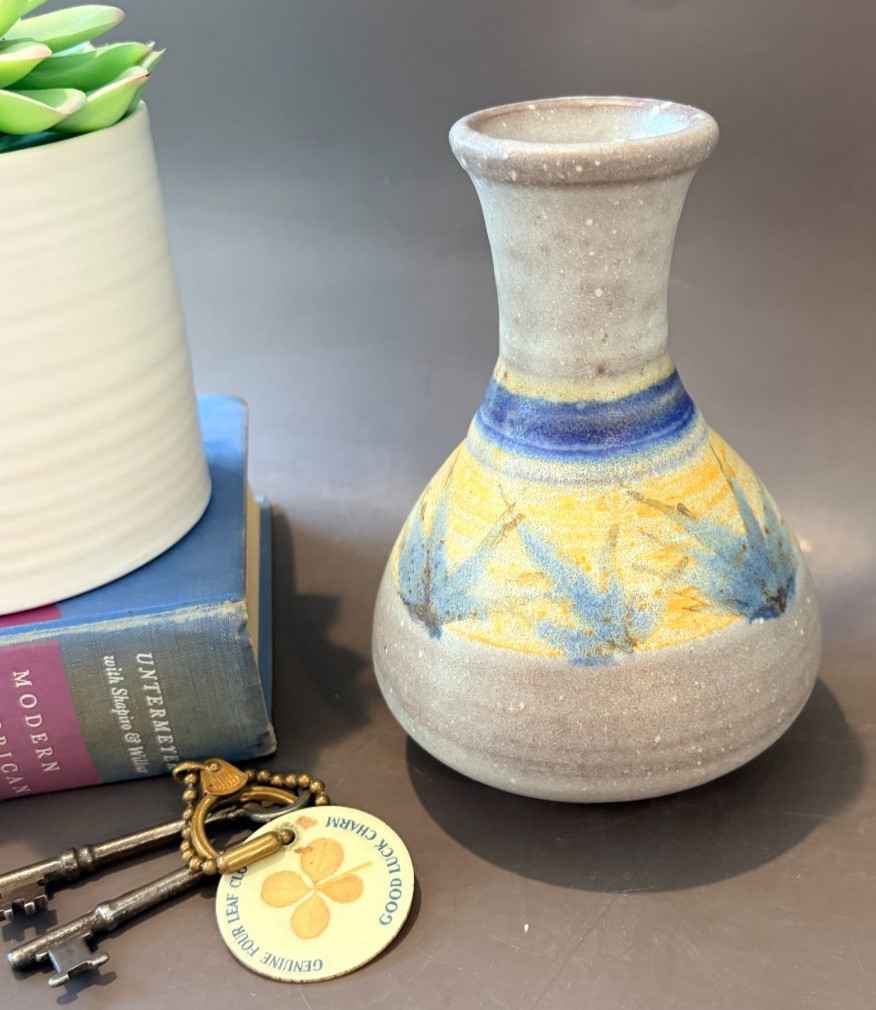Vintage Hand-Thrown Studio Art Pottery Vase Blue Brushstroke Glazed Stoneware Vintage Hand-Thrown Studio Art Pottery Vase Blue Brushstroke Glazed Stoneware
