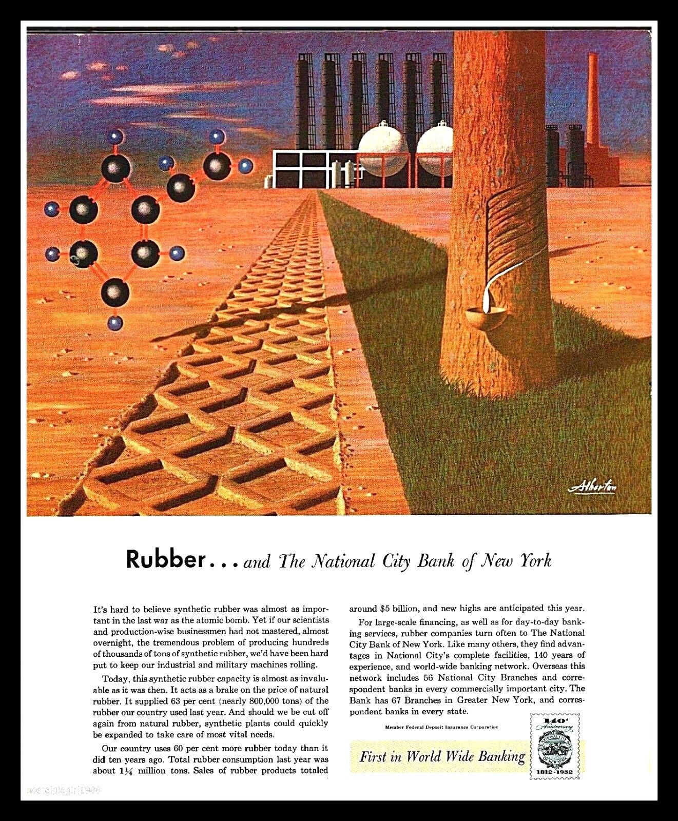 1952 National City Bank of New York Rubber Tree Factory Vintage Art Print Ad