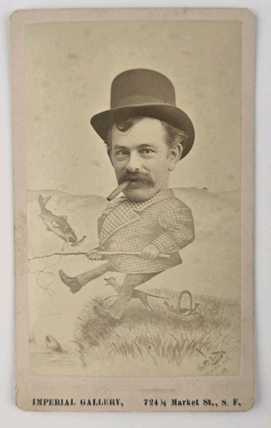 Rare Antique CDV Photo Arcade Caricature Big Head Man Fishing San Francisco CA Rare Antique CDV Photo Arcade Caricature Big Head Man Fishing San Francisco CA
