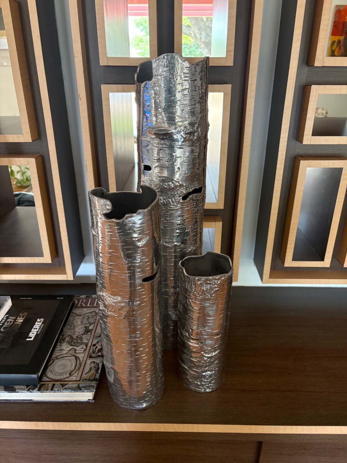 Rare Retired Michael Aram Aspen Bark Silver Chrome Metal 3-Piece Vase Set Rare Retired Michael Aram Aspen Bark Silver Chrome Metal 3-Piece Vase Set