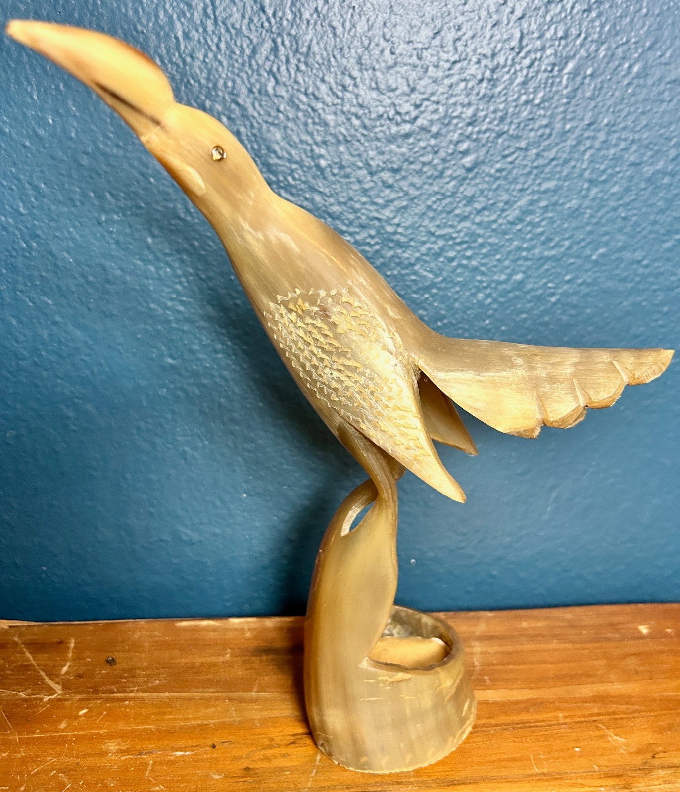 Vintage Hand Carved Horn Heron Bird Candle Holder Folk Art Rhinestone Eyes 11" Vintage Hand Carved Horn Heron Bird Candle Holder Folk Art Rhinestone Eyes 11"