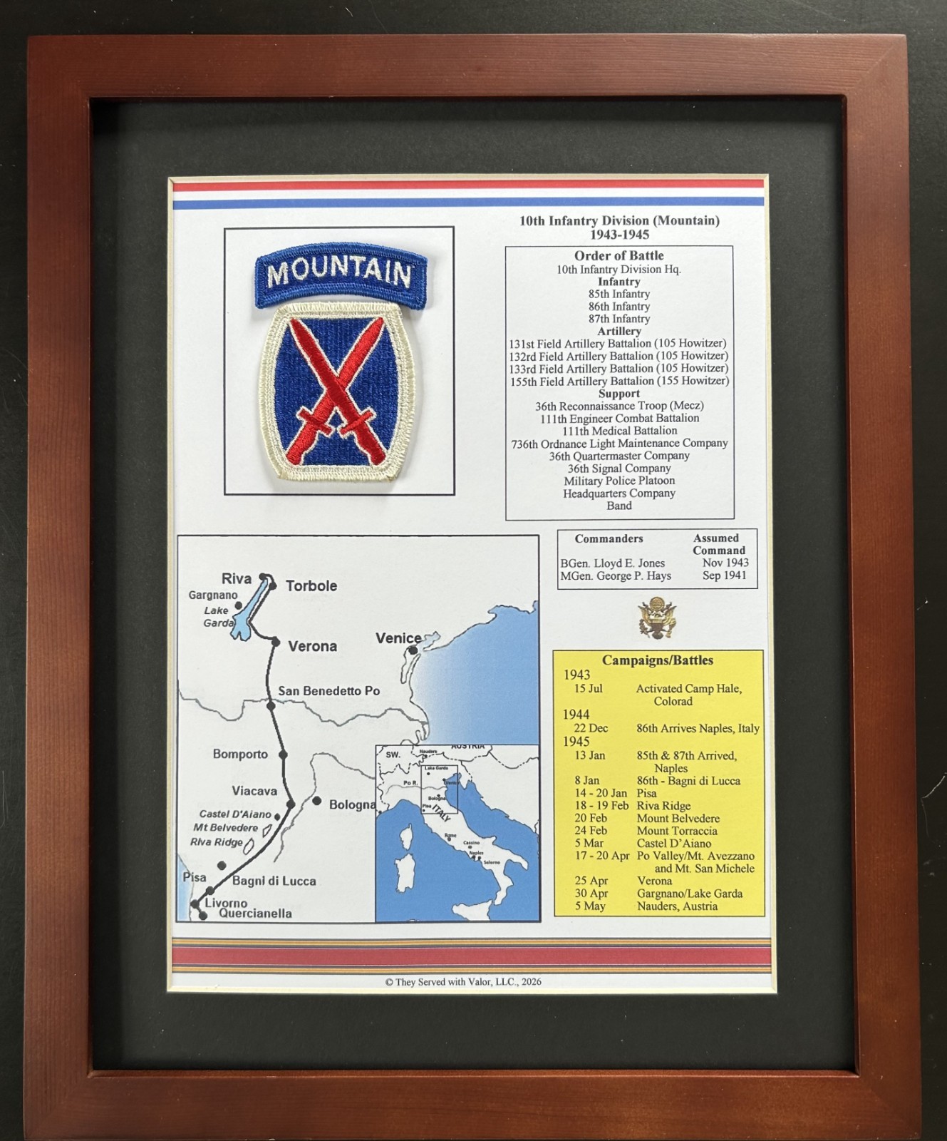 10th Mountain Division Insignia and History in World War II 11” x 14”