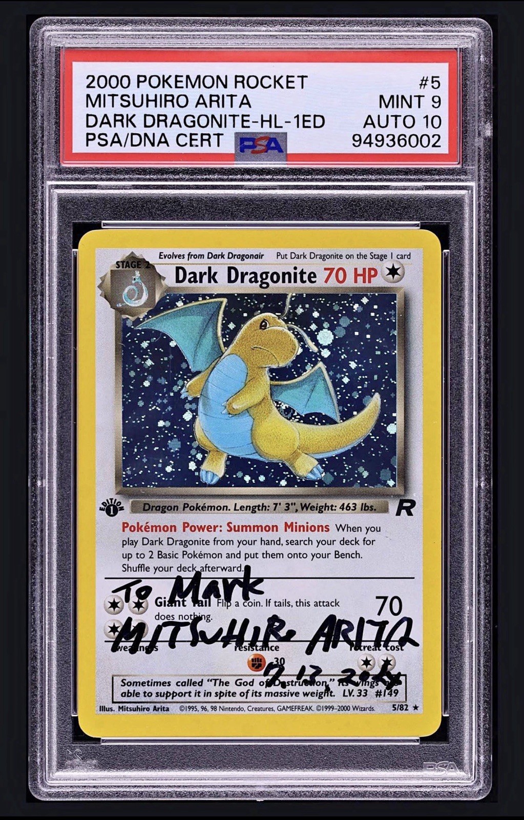 Pokémon 2000 Rocket Dark Dragonite #5 1st Ed Holo PSA 9 Auto 10 Arita Pokémon 2000 Rocket Dark Dragonite #5 1st Ed Holo PSA 9 Auto 10 Arita