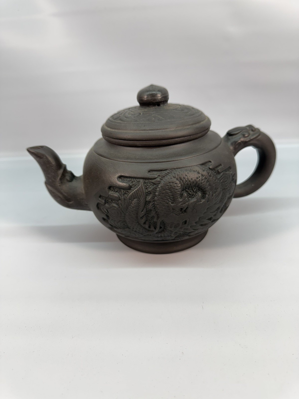 Vintage Chinese Yixing Zisha Clay Teapot With Hand Carved Dragon and Tea Insert Vintage Chinese Yixing Zisha Clay Teapot With Hand Carved Dragon and Tea Insert