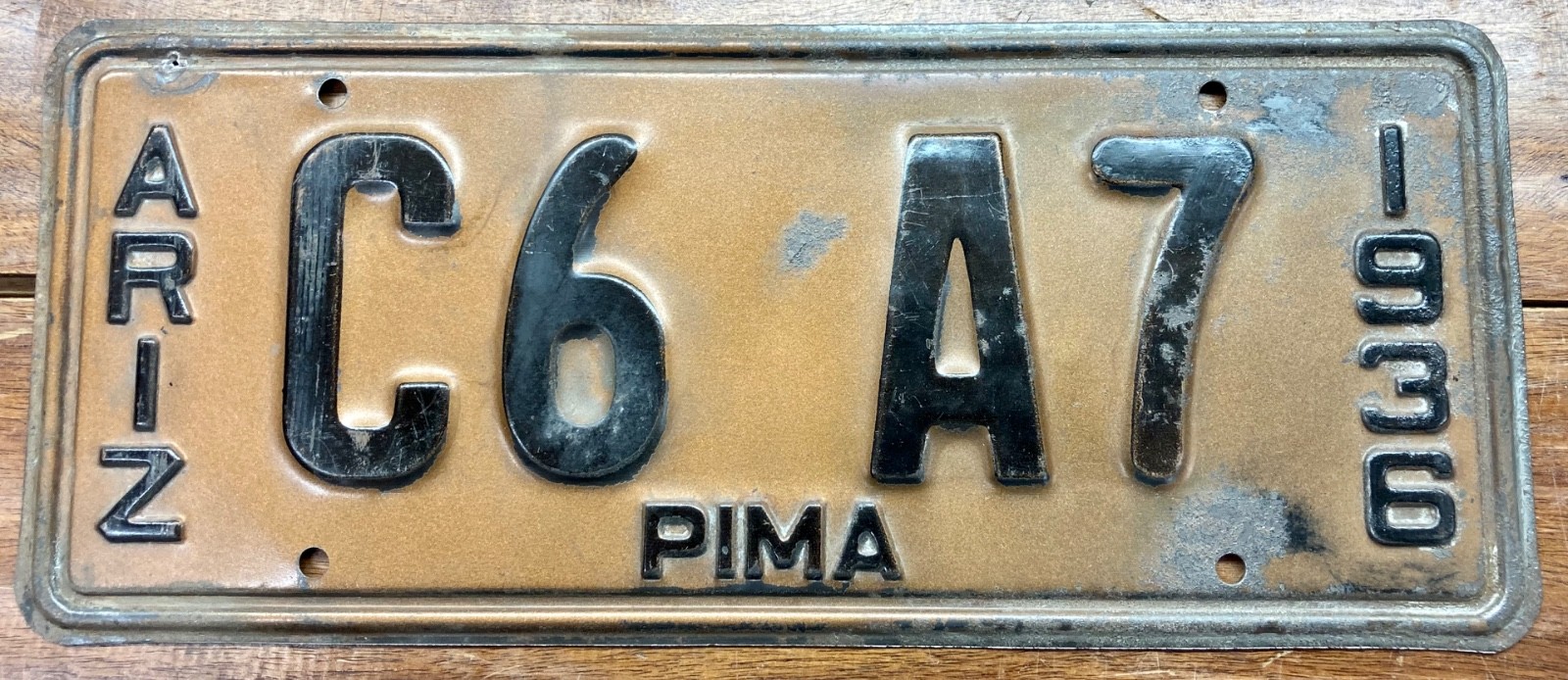 FAIRLY NICE ORIGINAL 1936 PIMA COUNTY ARIZONA LICENSE PLATE, C6 A7, MVD CLEAR FAIRLY NICE ORIGINAL 1936 PIMA COUNTY ARIZONA LICENSE PLATE, C6 A7, MVD CLEAR