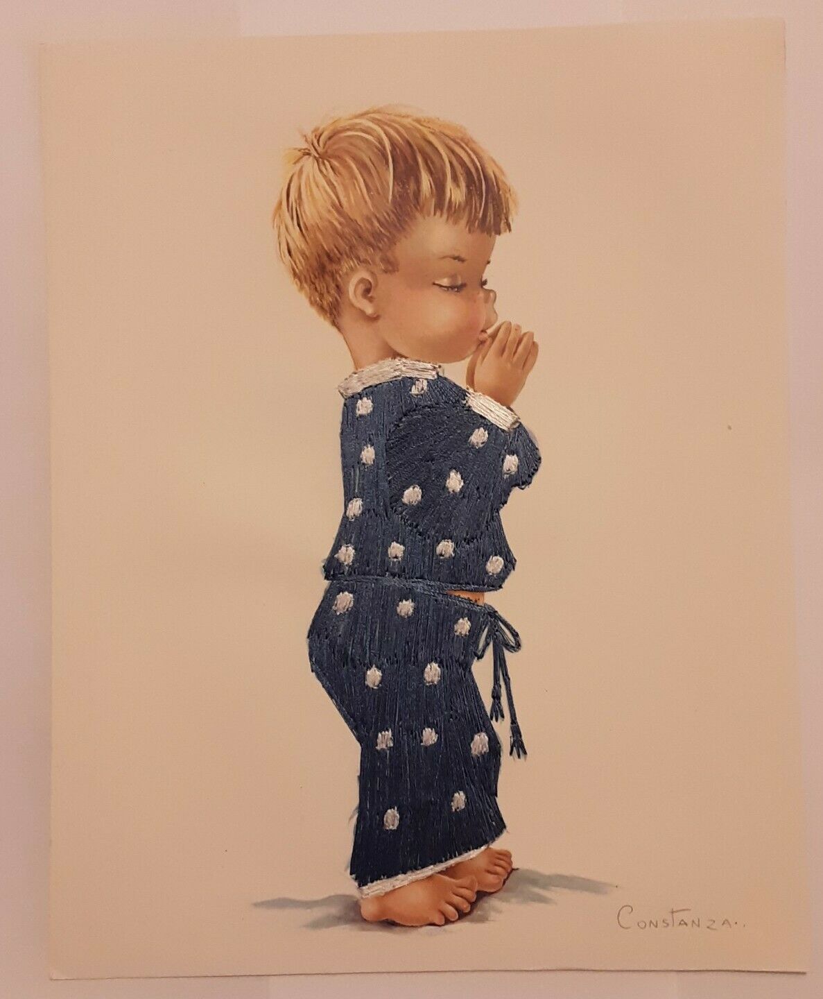 Vintage MCM Religious praying boy artist signed lithograph silk embroidered 50\'s