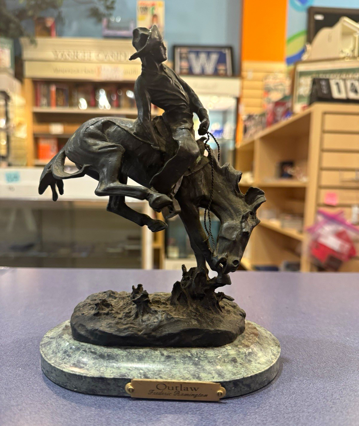 Frederic Remington Outlaw Bronco Rider Sculpture Marble Base Antique Finish Frederic Remington Outlaw Bronco Rider Sculpture Marble Base Antique Finish