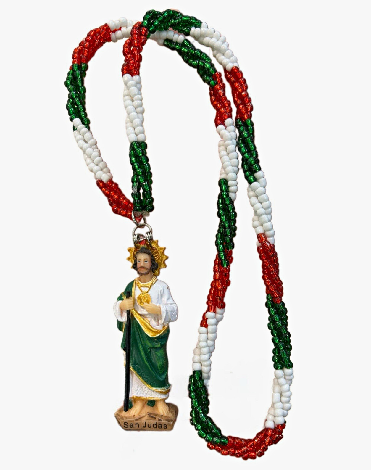Christianity Red White & Green Plastic Bead Rosary Necklace San Judas Pendant Christianity Red White & Green Plastic Bead Rosary Necklace San Judas Pendant