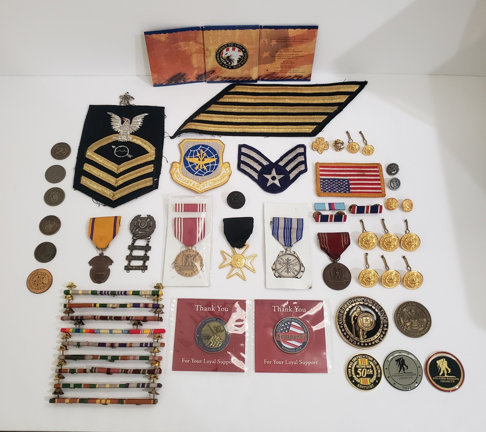 Vtg Mixed Lot Military Medals, Pins, Buttons Patches Ribbon Bars Challenge Coins