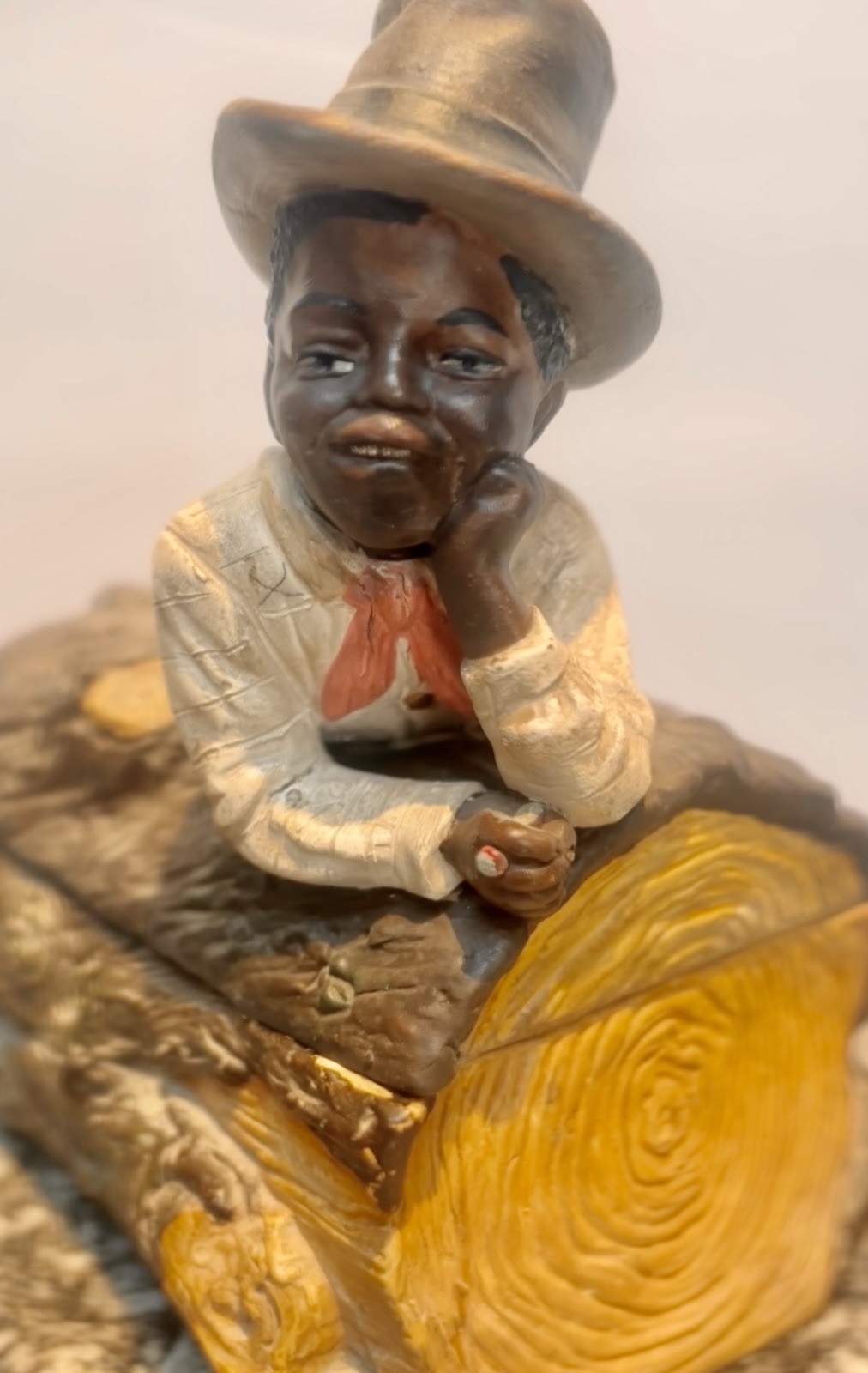 EARLY~RARE~WELL-DRESSED MAN~ON LOG~TOBACCO JAR~TERRA COTTA~JM~FIG.~MAGNIFICENT EARLY~RARE~WELL-DRESSED MAN~ON LOG~TOBACCO JAR~TERRA COTTA~JM~FIG.~MAGNIFICENT