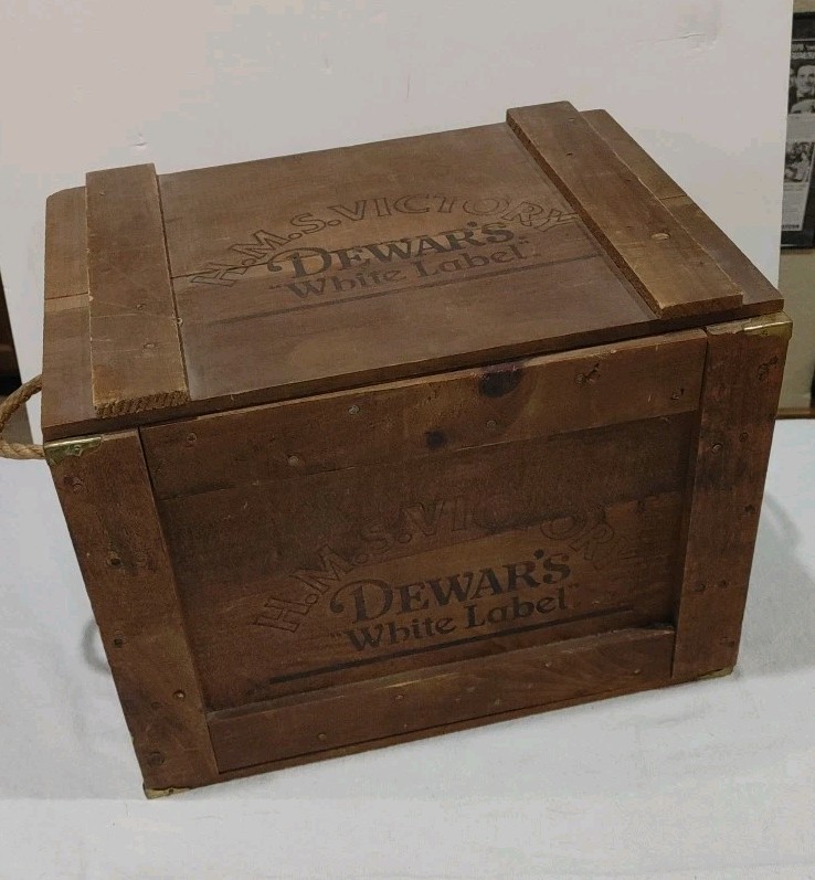 Vintage Dewar's White Label Wood Crate With Lid 17"X 12.5"X 12.5"  H.M.S Victory