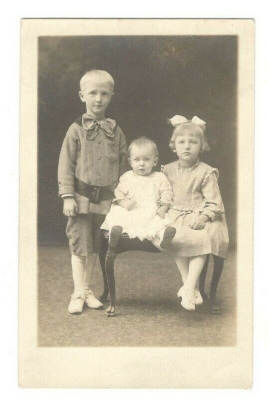 Vintage Real Photo Postcard Boy Girl Toddler Antique Family Studio Portrait  R49