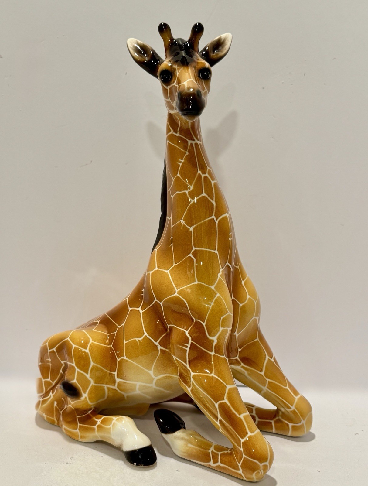 Vintage Italian Ceramic Seated Giraffe Sculpture 17" MCM Hollywood Regency 1970s