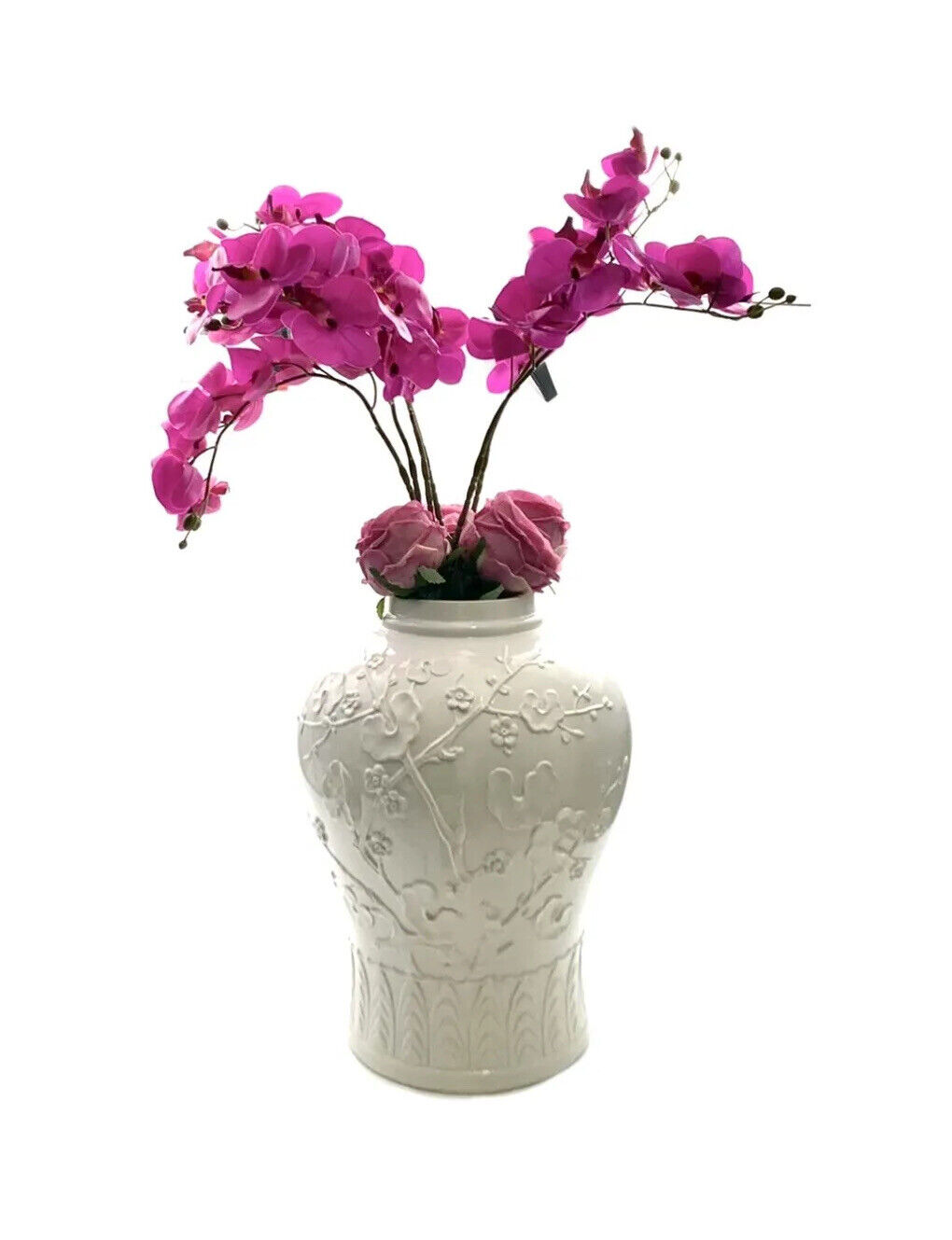 Vase Large White Ceramic Cherry Blossom Design Italian Vintage Decor