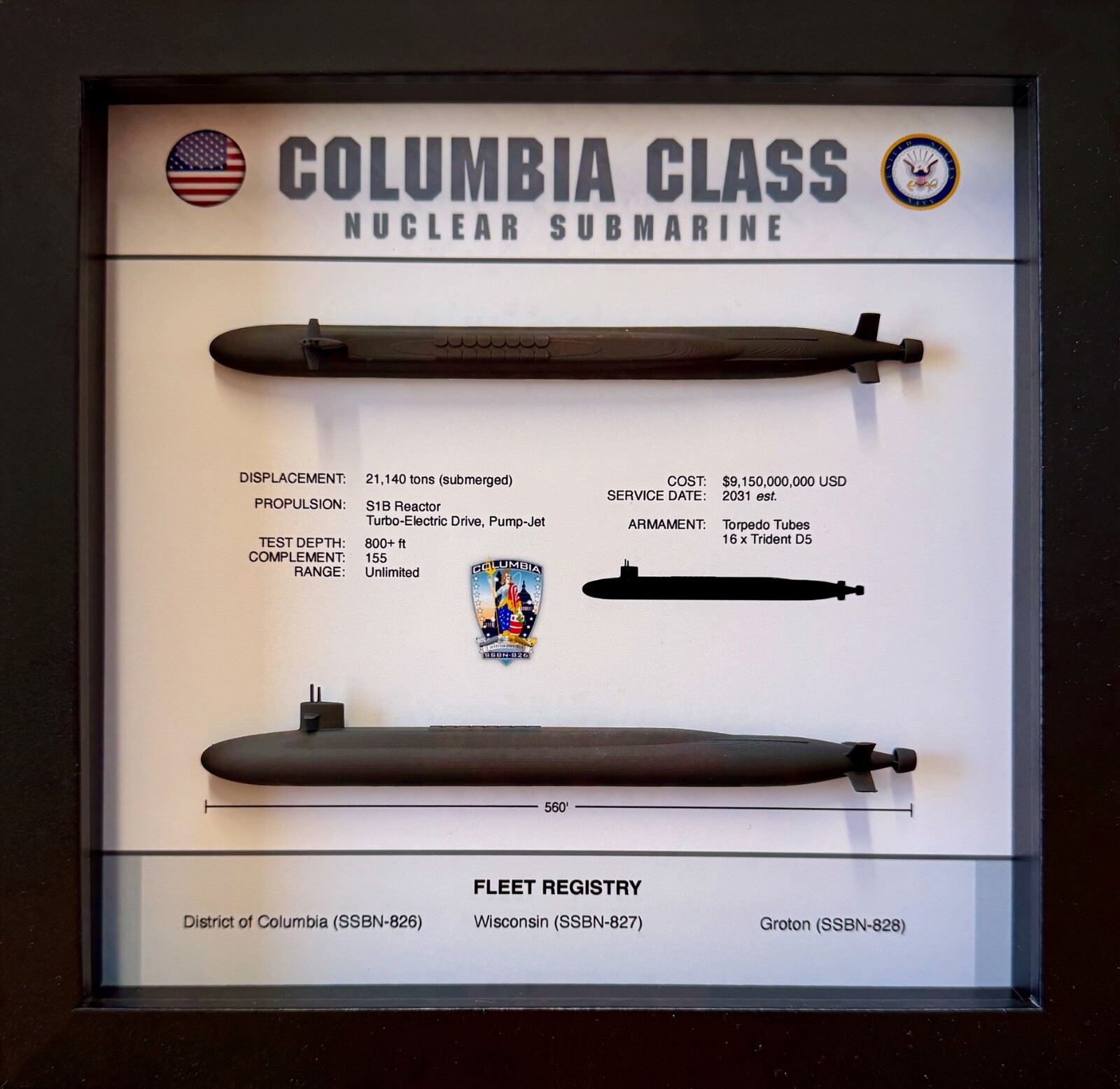 Columbia Class Submarine Shadow Display Box, 9" x 9", Black Columbia Class Submarine Shadow Display Box, 9" x 9", Black
