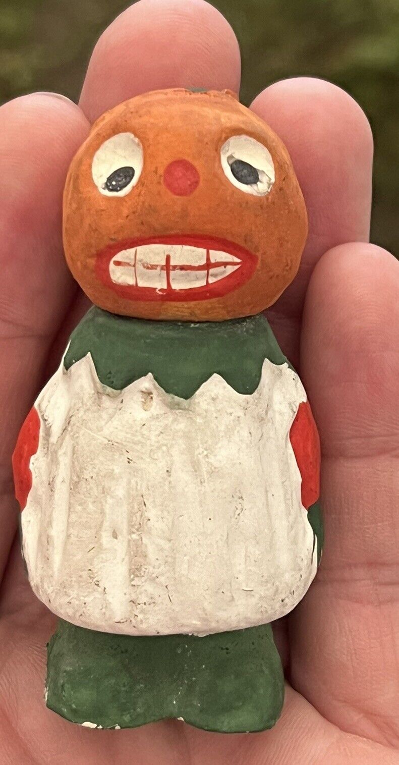 Early Antique Halloween 3” German Pumpkin Head Girl Candy Container Halloween