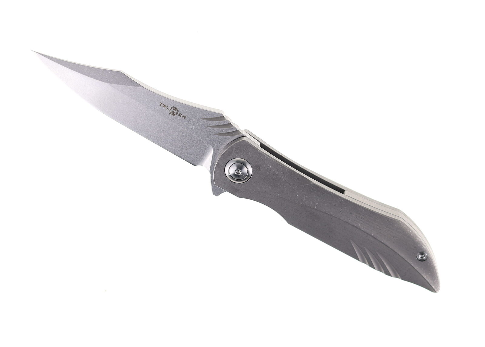 Two Sun Folding Knife Gray Titanium Handle D2 Plain Edge Stonewash Finish TS363