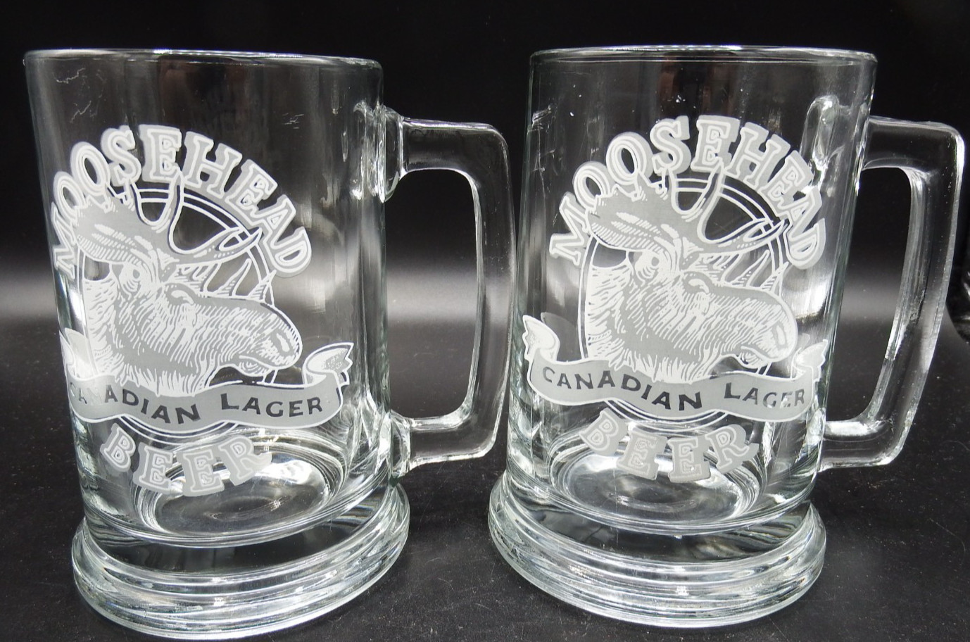 2 Moosehead Canadian Lager Beer Glass Mug Tankard Steins - Etched Logo 2 Moosehead Canadian Lager Beer Glass Mug Tankard Steins - Etched Logo