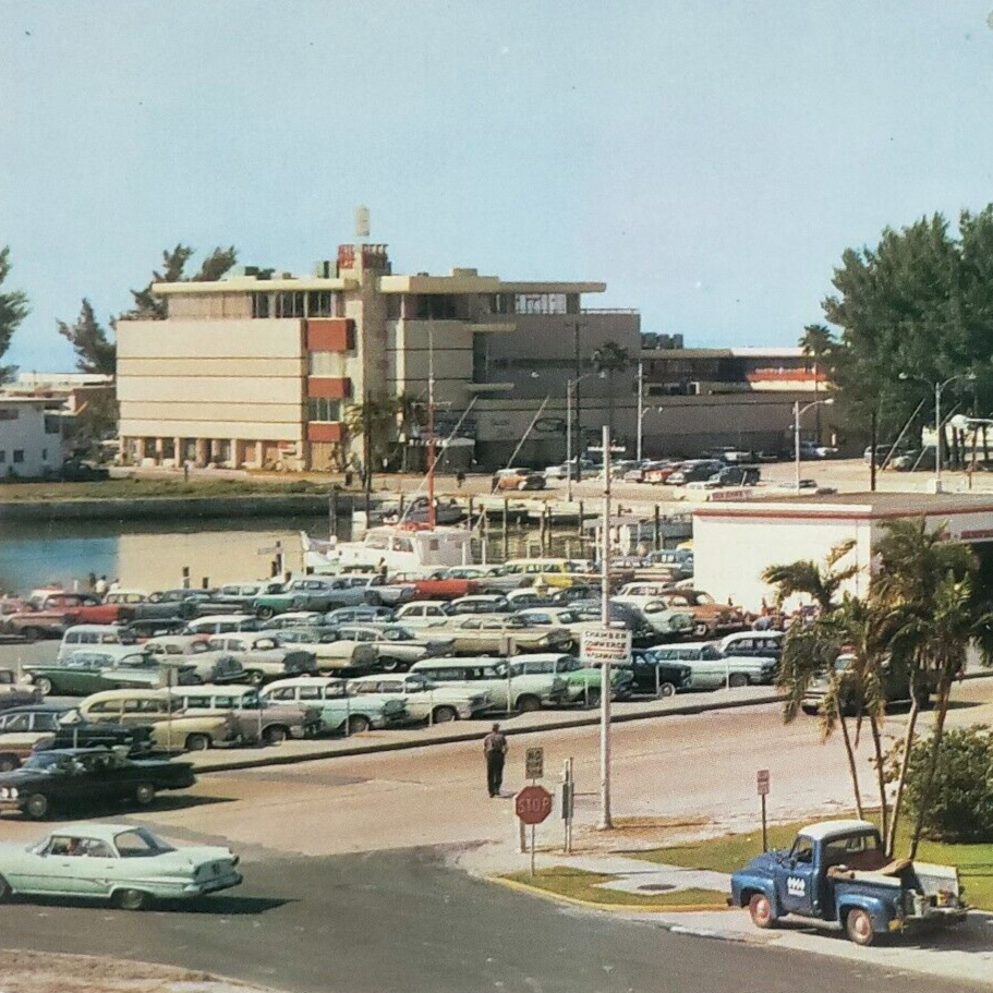 Clearwater Beach Florida Marina Postcard 1960s Civic Center Cars Boats Art B1150