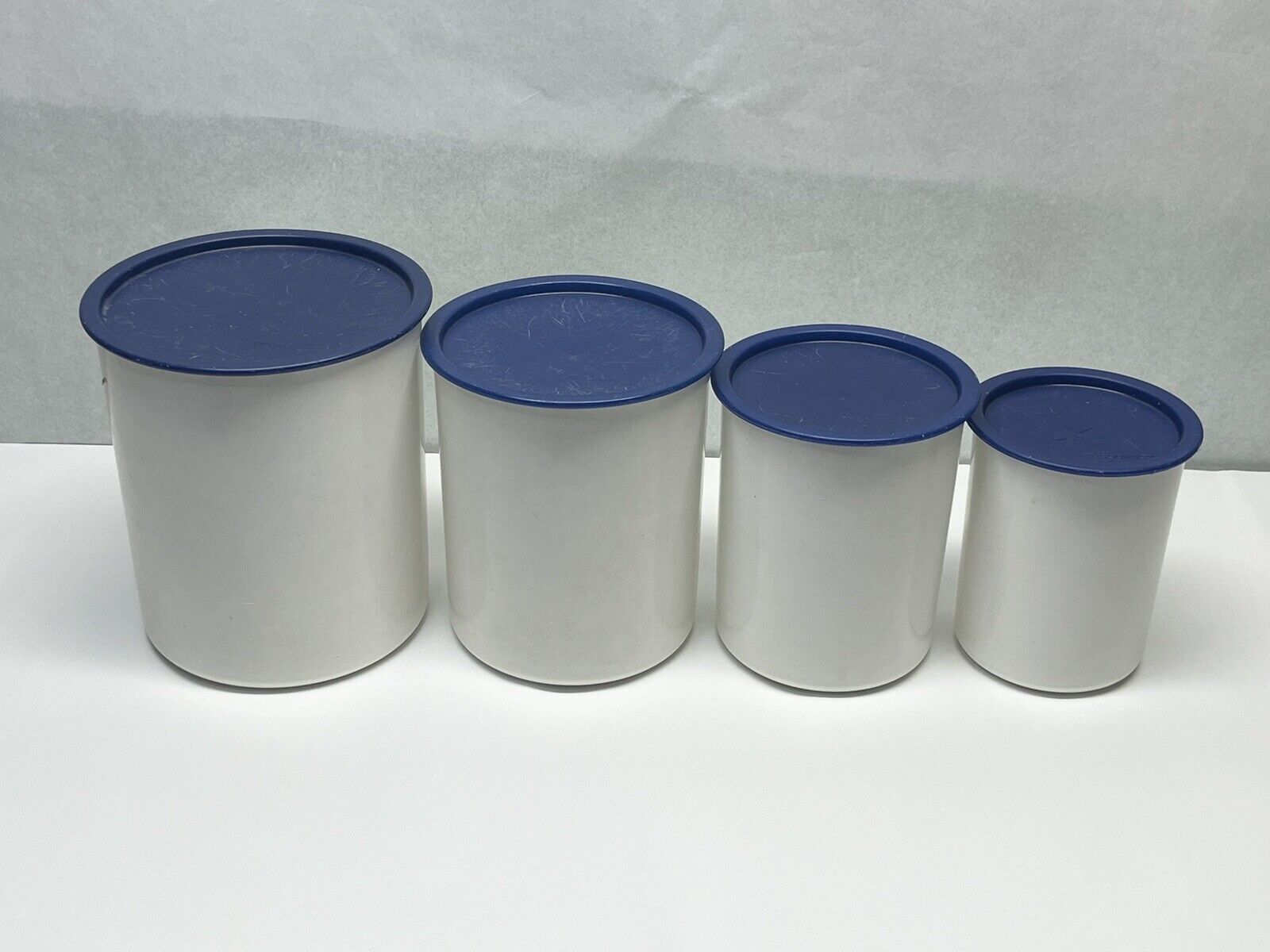 Vintage Tupperware One-Touch Nesting Canisters Set of 4 White with Blue Lids USA