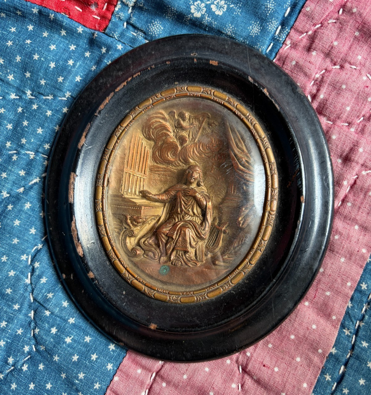 Antique St. Cecilia Framed Copper Bas-Relief Religious Plaque Antique St. Cecilia Framed Copper Bas-Relief Religious Plaque