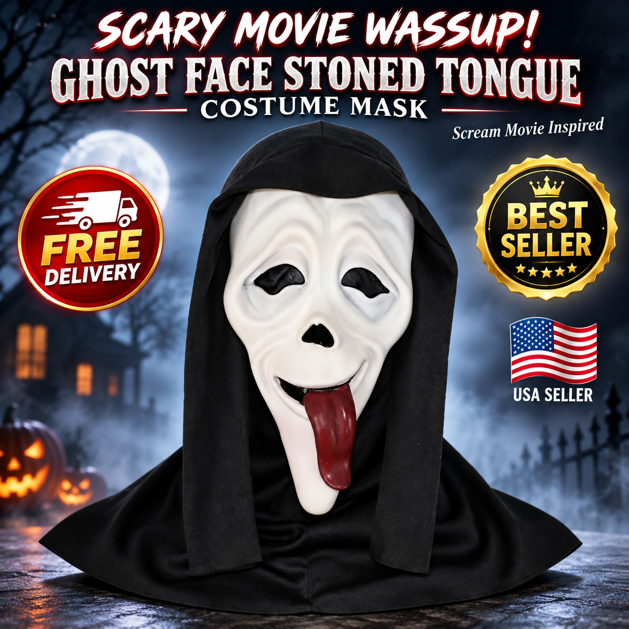 SCARY MOVIE WASSUP GHOST FACE STONED TONGUE COSTUME MASK . Scream Movie SCARY MOVIE WASSUP GHOST FACE STONED TONGUE COSTUME MASK . Scream Movie