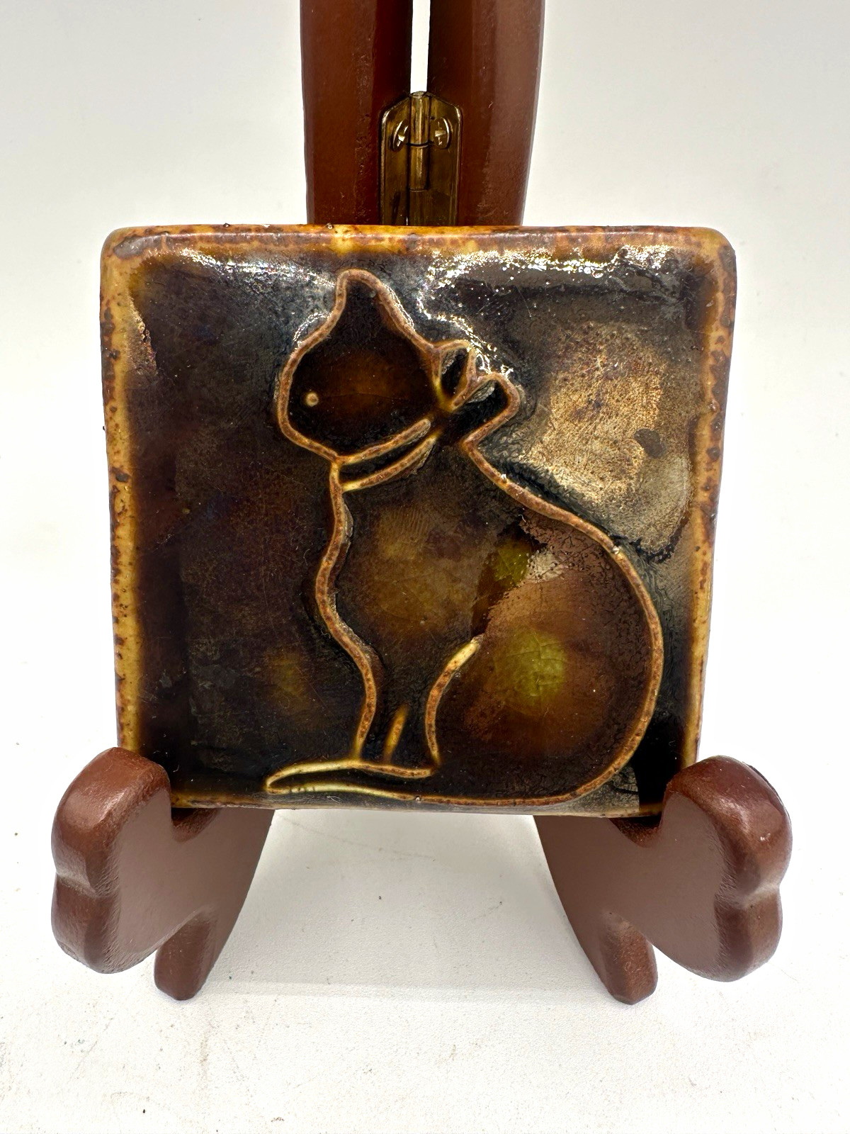 Vintage 1995 Pewabic Pottery Detroit Cat Art Tile 3x3 Brown Glaze
