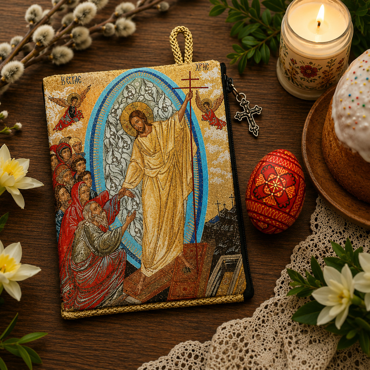 Ukrainian Red Pysanky Egg with Resurrection of Christ Tapestry Icon Pouch Set