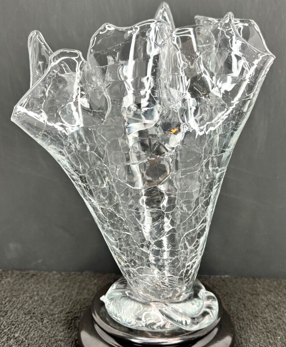 Peter Greenwood Clear Crackle Glass Handkerchief Vase - Signed 1993 Peter Greenwood Clear Crackle Glass Handkerchief Vase - Signed 1993