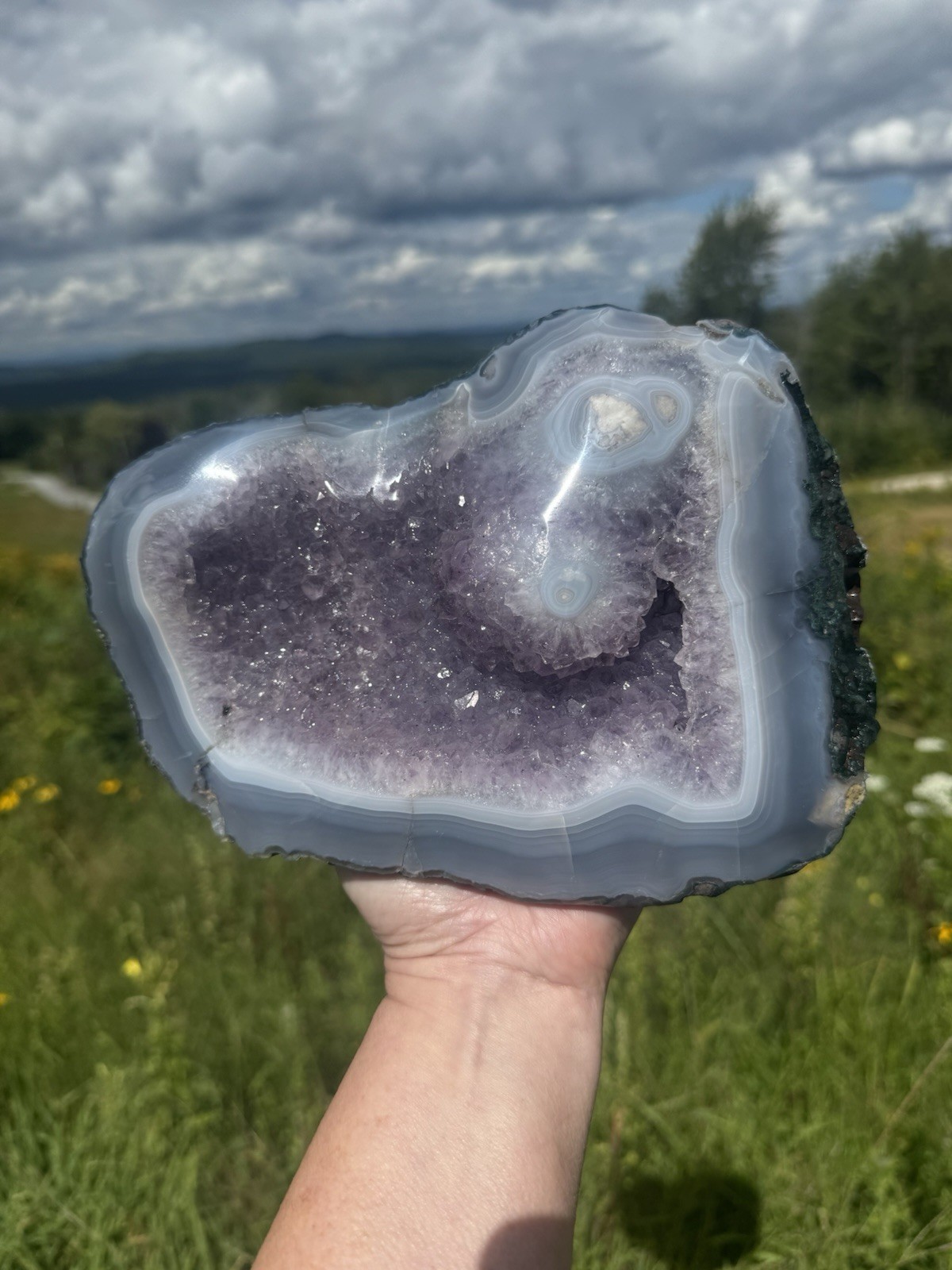 Beautiful Statement Amethyst With Blue Lace Banding All Around.  Stalactite Eyes
