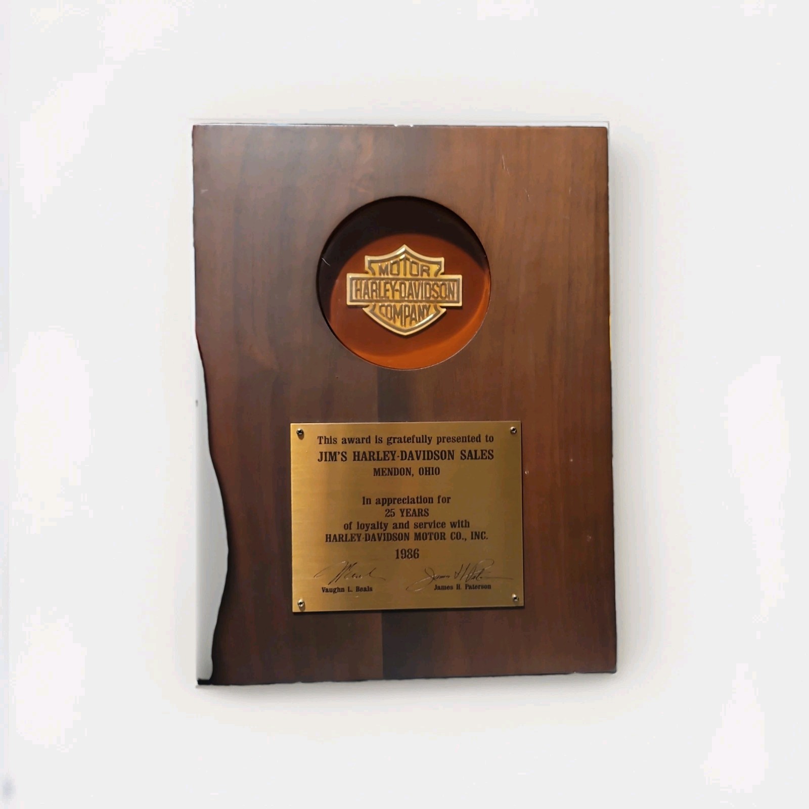 RARE One Of A Kind 25 Yr Harley-Davidson Dealership Plaque 1986
