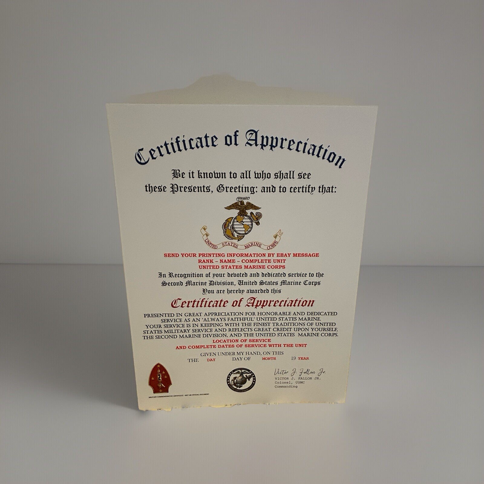 U.S. MARINE CORPS / 2ND MARINE DIVISION - CERTIFICATE OF APPRECIATION U.S. MARINE CORPS / 2ND MARINE DIVISION - CERTIFICATE OF APPRECIATION
