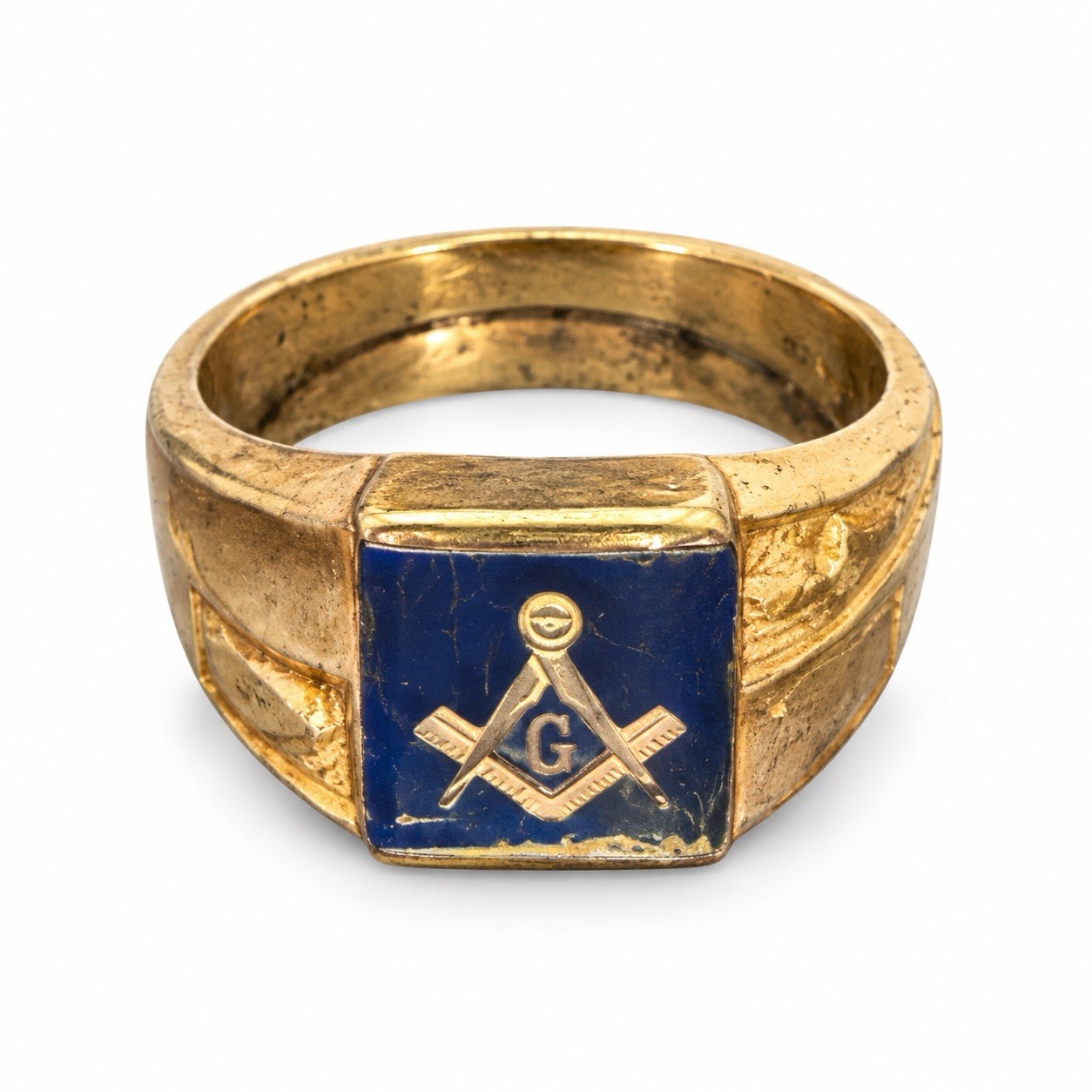 Vintage 10K Gold Masonic Freemason Ring Blue Enamel Square Compass