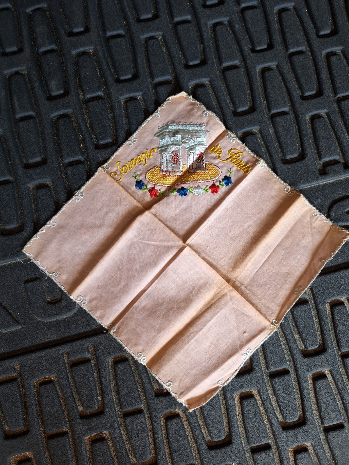 Vintage 1940s Paris Souvenir Handkerchief, Embroidered Fr. Cancan, Pink Fabric Vintage 1940s Paris Souvenir Handkerchief, Embroidered Fr. Cancan, Pink Fabric
