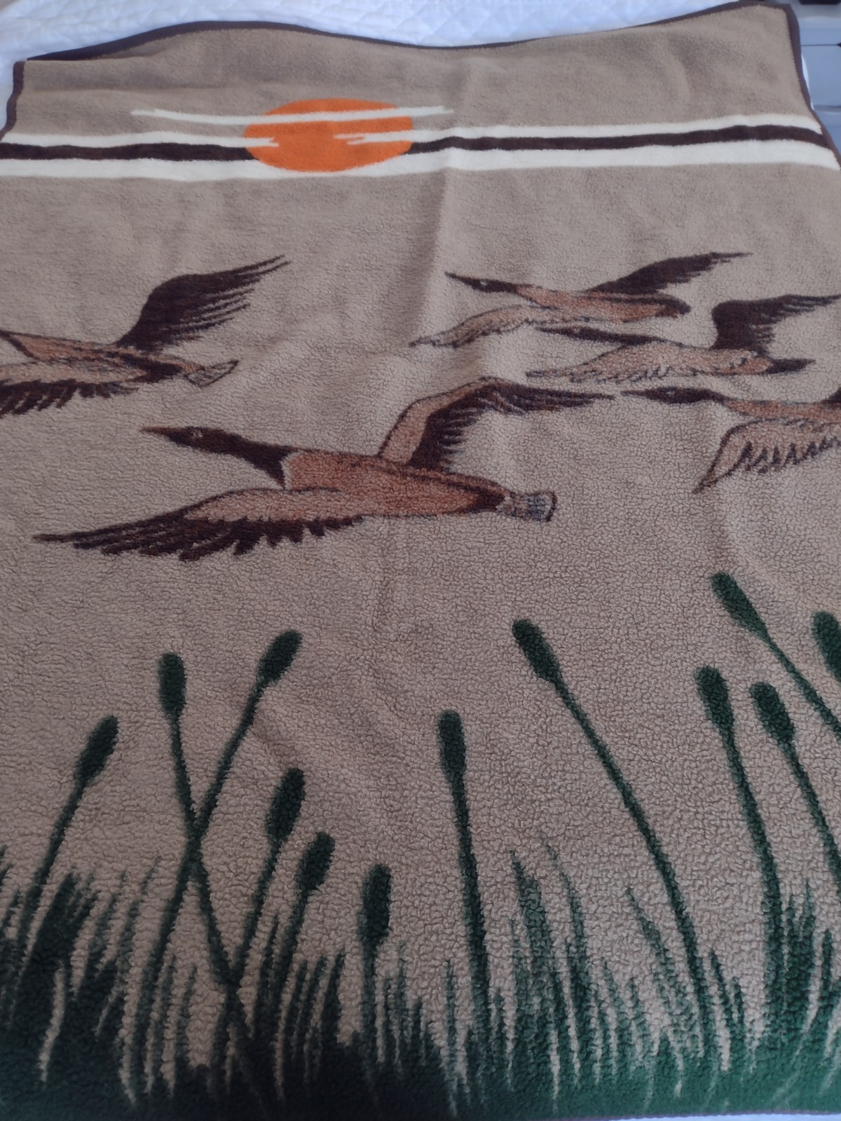 Vtg Biederlack Throw Blanket Reversible Ducks Geese Sunset Camp Retro 90s