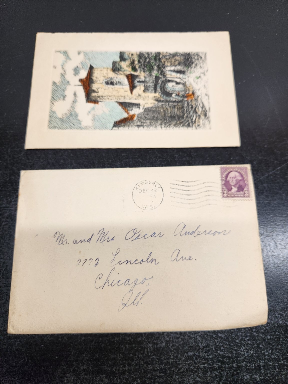 Vintage 1910s Christmas Greeting Card & Envelope Kimberly WI Postmark