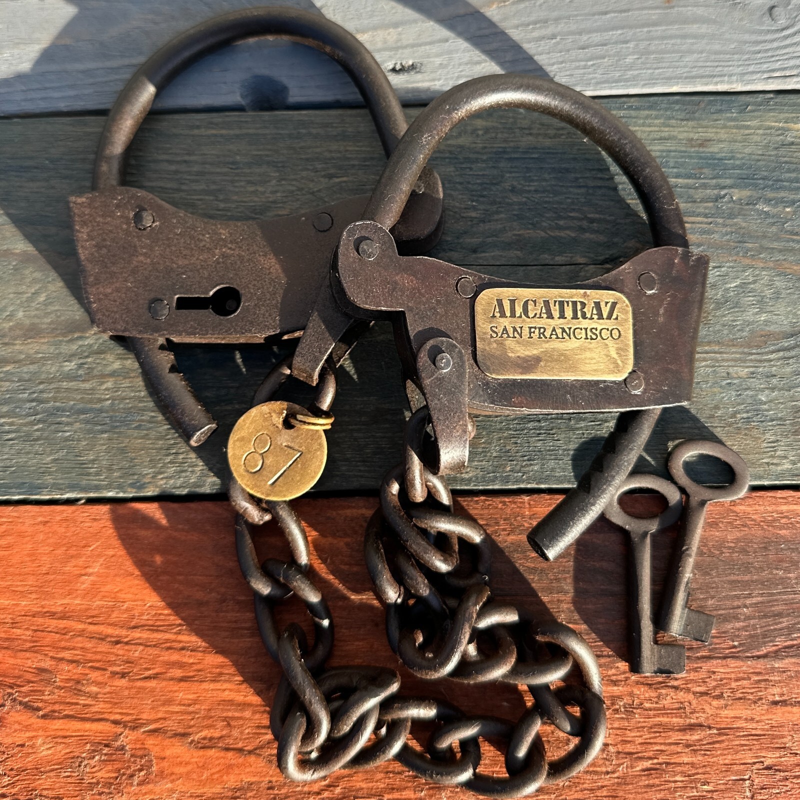 Alcatraz Prison Handcuffs, Iron Adjustable Cuffs with Chain & Antique Finish Alcatraz Prison Handcuffs, Iron Adjustable Cuffs with Chain & Antique Finish