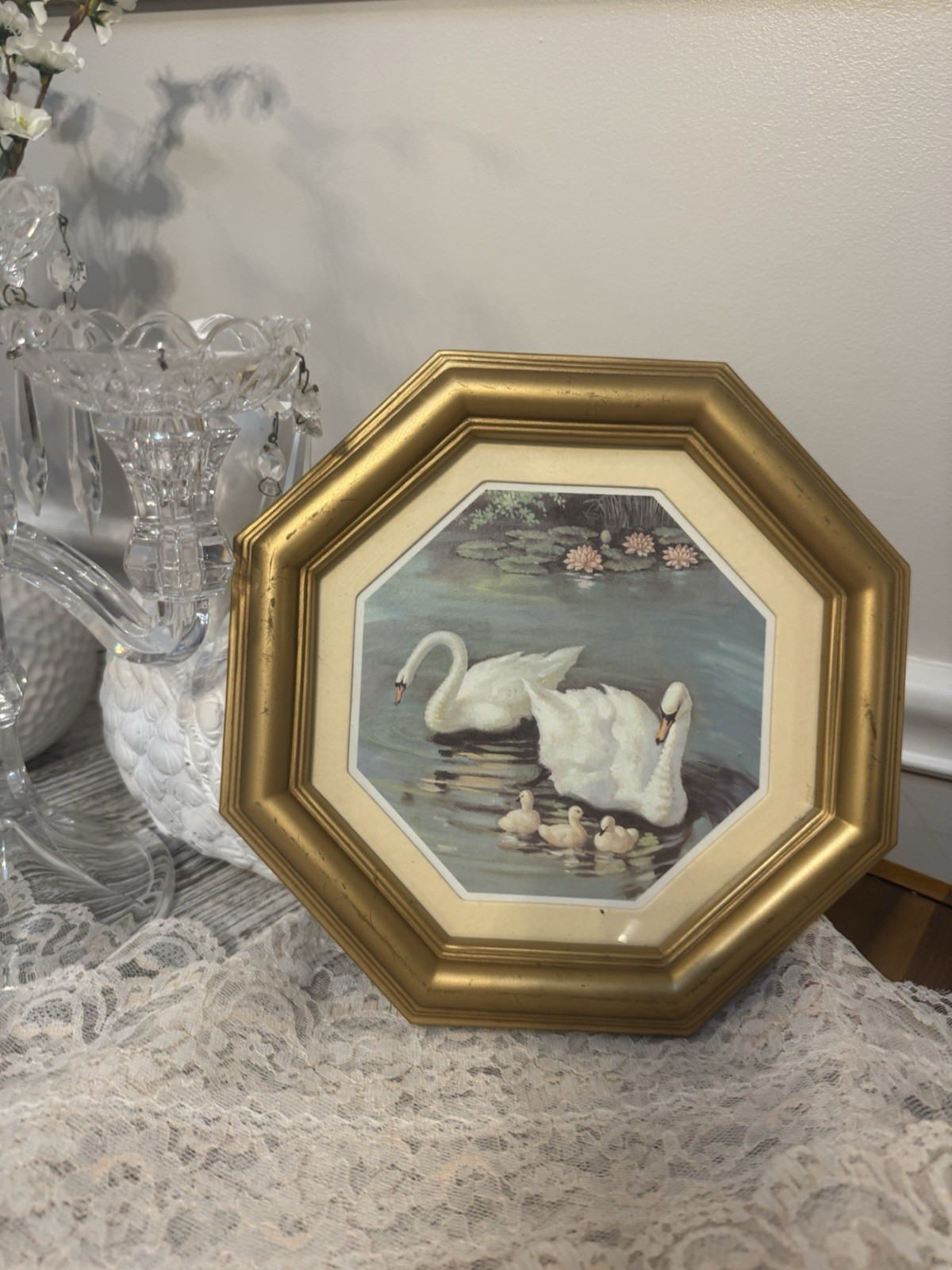 Vintage Octagon Gold Framed Swan Print Wall Art Lake Scenery Cottagecore Decor Vintage Octagon Gold Framed Swan Print Wall Art Lake Scenery Cottagecore Decor